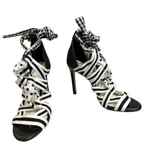 Gianni Bini Black Abrianna Gingham Lace Up Sandals 3.93” stiletto heels Size 6.5